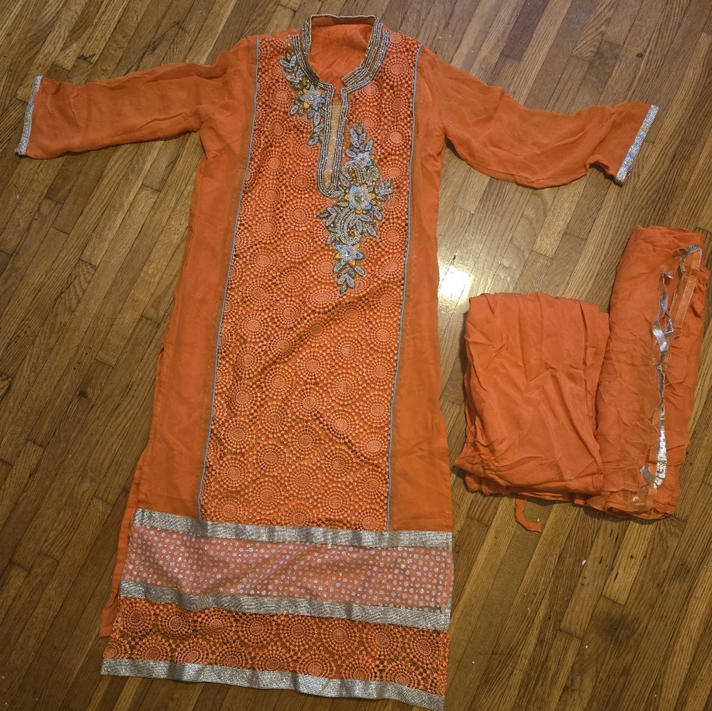 Orange Indian Pakistani Bengali Salwar Kamiz Size Small 38 NEW